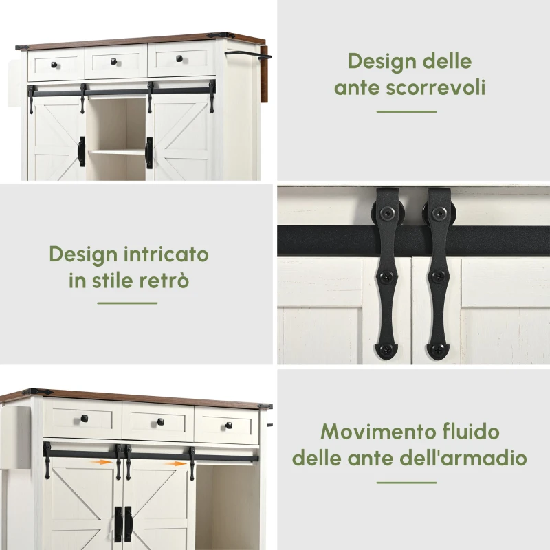 Isola da cucina con piano ribaltabile, carrello portavivande su ruote con 2 ante scorrevoli e 3 cassetti, 140x45/73x94 cm, Beige