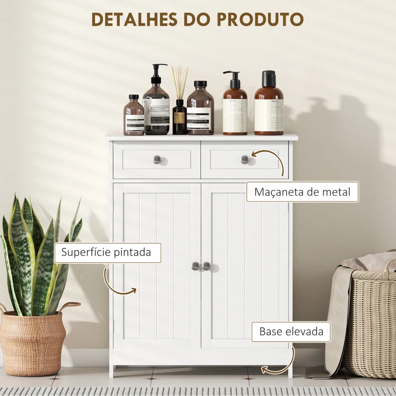 kleankin Armário Auxiliar Casa de Banho com 2 Gavetas 2 Portas e Prateleira Ajustável Estilo Moderno 60x30x75cm Branco