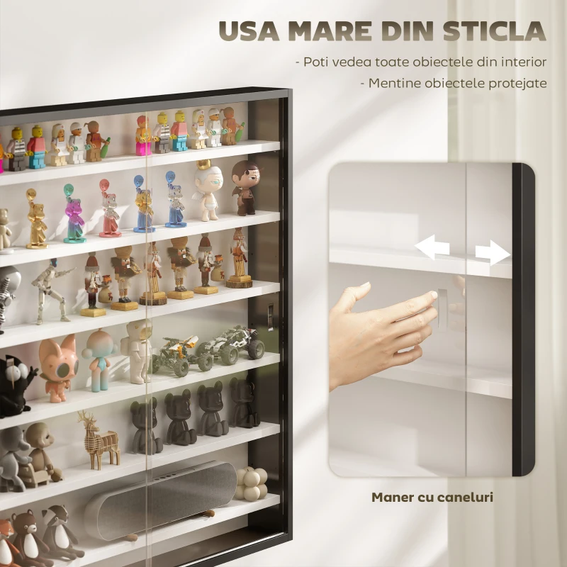 HOMCOM Dulap Tip Vitrină de Expoziție cu Rafturi Reglabile, Montată pe Perete, Negru