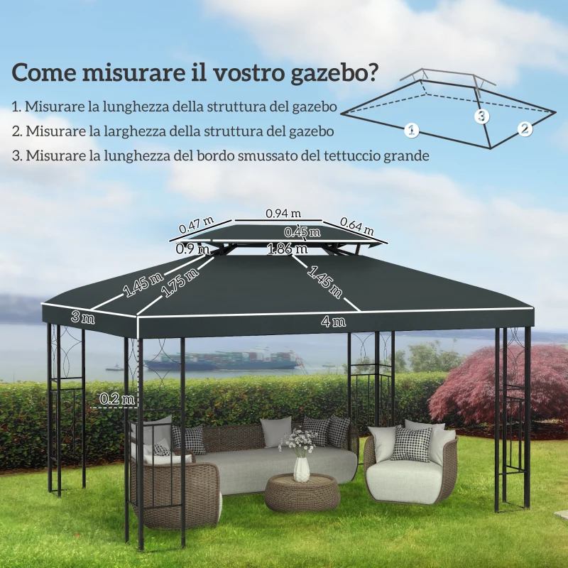 Outsunny Copertura per Gazebo 4x3 m a 2 Livelli in Poliestere con Cinghie e 10 Fori di Drenaggio, Grigio Antracite