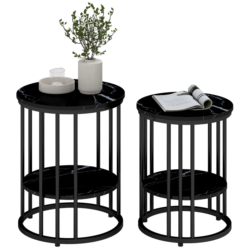 HOMCOM Set of Two Marble-Effect Coffee Tables - Black