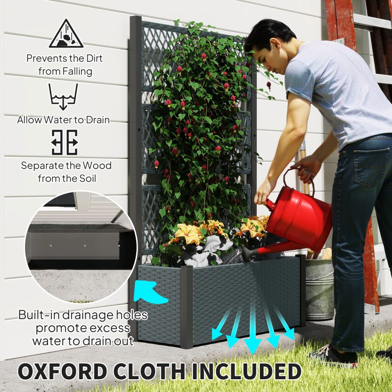 Outsunny Garden Planter Box with Trellis, Liner for Climbing Plants, Vegetables, Flowers, 90 x 35 x 148 cm, Charcoal Grey