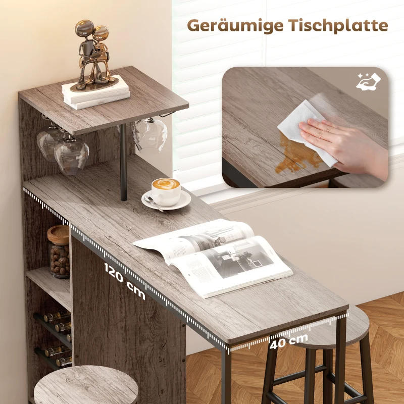 HOMCOM 3-tlg. Bartisch-Set mit Stauraum, Weinregalen, Glashaltern, Hockern mit Fußstütze, für kleine Räume, Grau