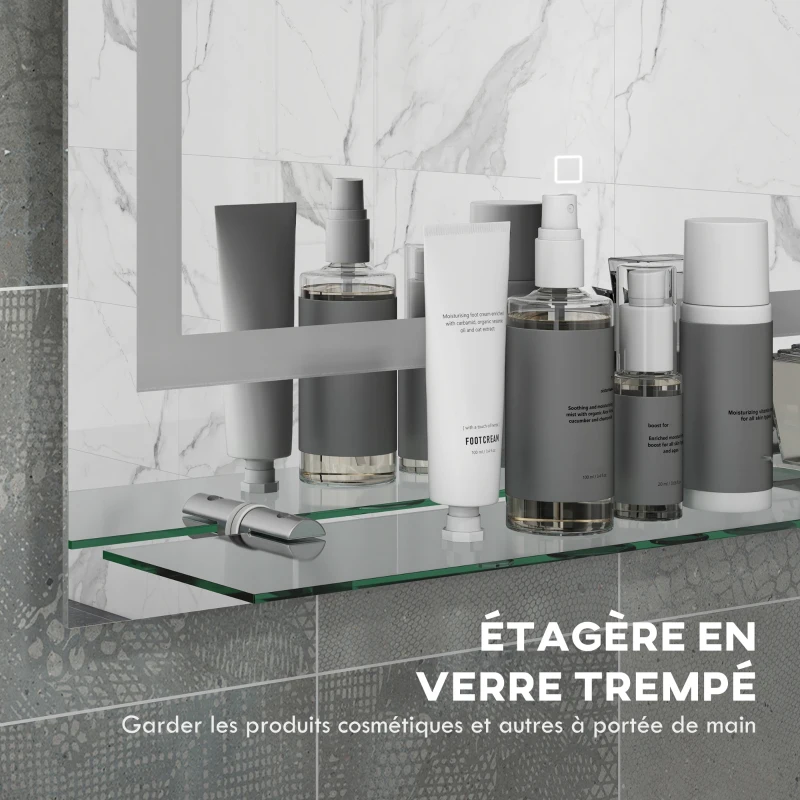 kleankin Miroir rectangulaire mural lumineux LED de salle de bain 70 x 50 cm