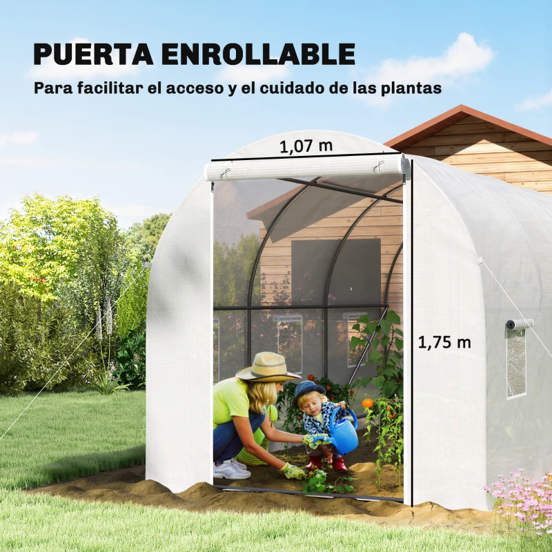 Outsunny Invernadero de Túnel 3,5x2x2 m con 6 Ventanas de Malla y Puerta Enrollable con Cremallera Anti-UV Blanco