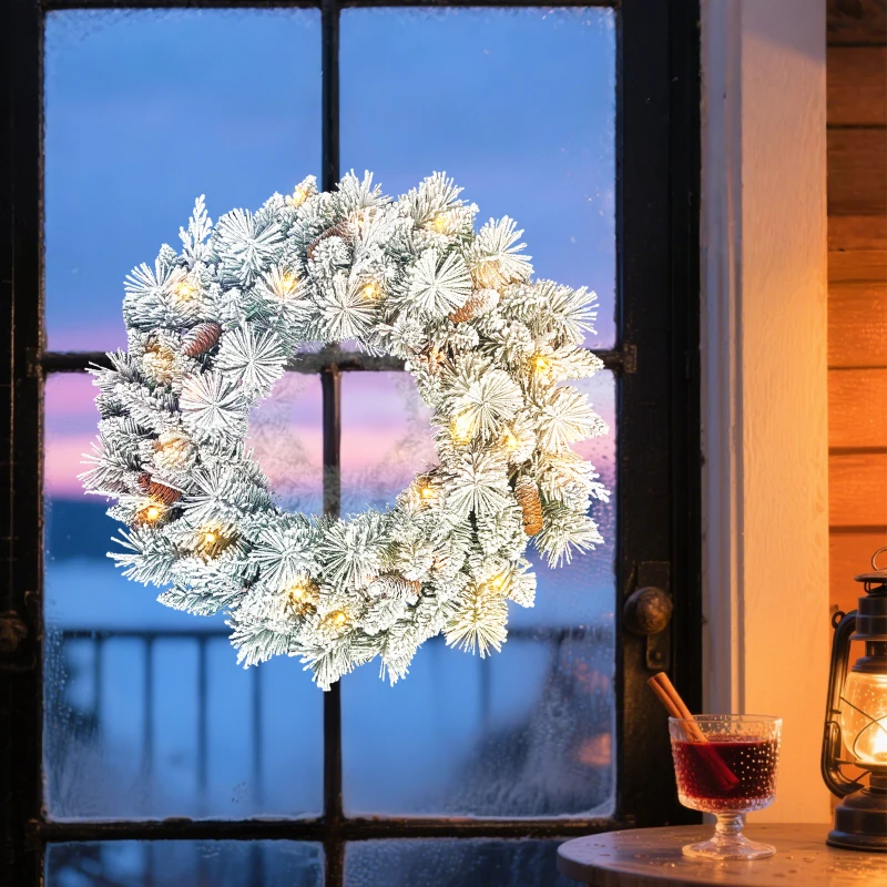 HOMCOM Couronne de Noël lumineuse 60 cm avec 35 LED blanc chaud, minuterie, 98 pointes, pommes de pin, vert et blanc
