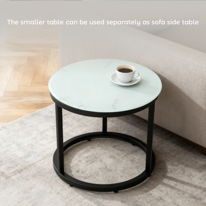 HOMCOM Glass Coffee Table Set of 2, Round Nest of Tables with Marble-Effect Tempered Glass Tabletop and Steel Frame, Modern Side Tables for Living Room, White