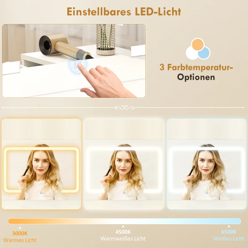 HOMCOM Schminktisch mit verstellbarem LED-Spiegel, Steckdosen, 6 Schubladen, 2 offene Regale, Weiß