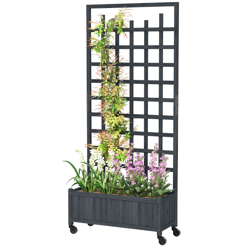 Outsunny Wooden Trellis Planter, Raised Garden Bed with Wheels, to Climb and Grow Vegetables, Herbs and Flowers, Grey
