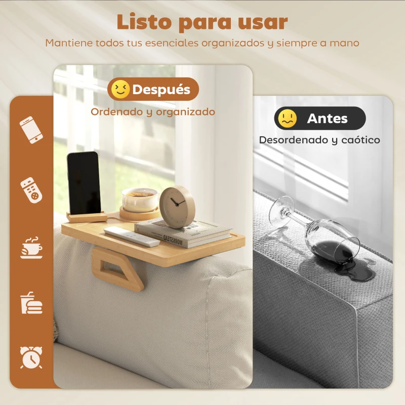 HOMCOM Bandeja de Brazo para Sofá de Bambú Plegable y Flexible con Portavasos Extraíble y Soporte Giratorio para Teléfono