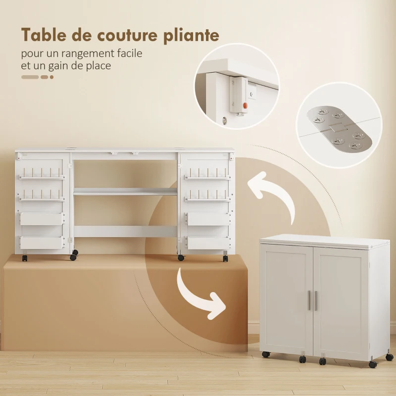 HOMCOM Table de couture pliante, meuble couture à roulettes, 2 portes magnétiques, 4 bacs, 20 crochets, 160x40x81,5cm, blanc
