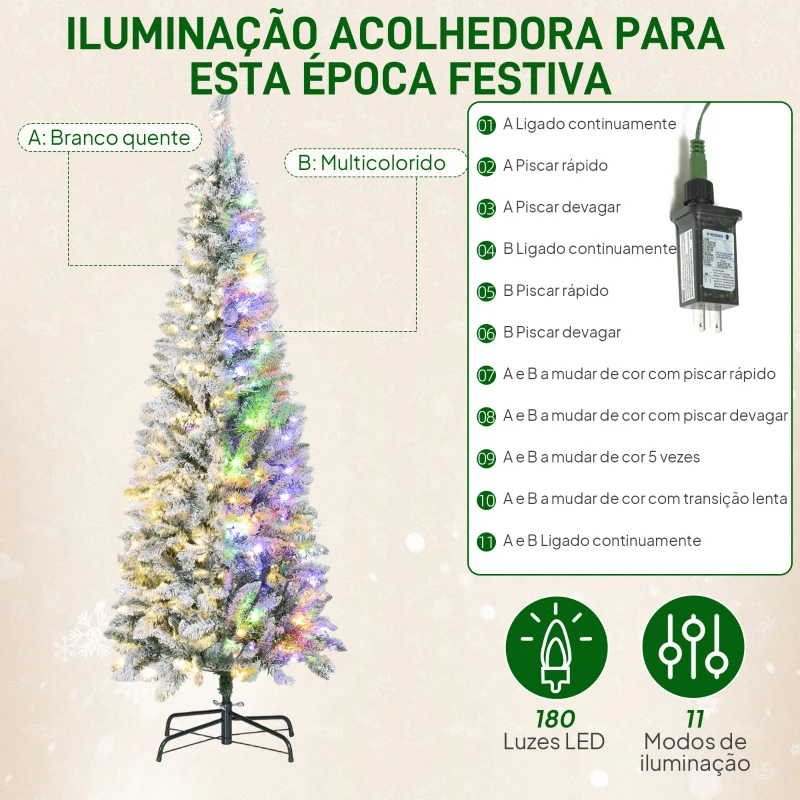HOMCOM Árvore de Natal Estreita 180 cm Nevada com Luzes LED Bicolores 11 Modos de Iluminação 479 Ramos Suporte Metálico Verde