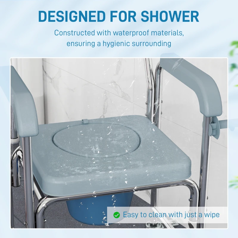 HOMCOM Rolling Shower Wheelchair for Seniors, Bedside Commode Chair with Locking Wheels, Seat, Backrest, Arms, Grey