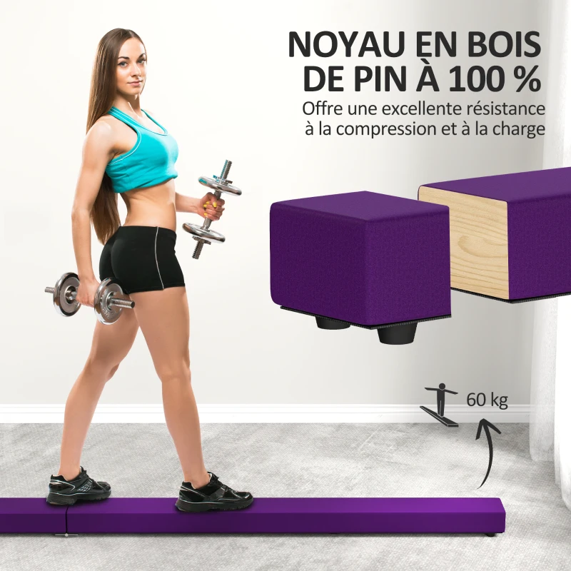 SPORTNOW Poutre gymnastique pliable 240 cm en velours, poutre d'équilibre avec fond antidérapant, pour enfants et adultes, violet