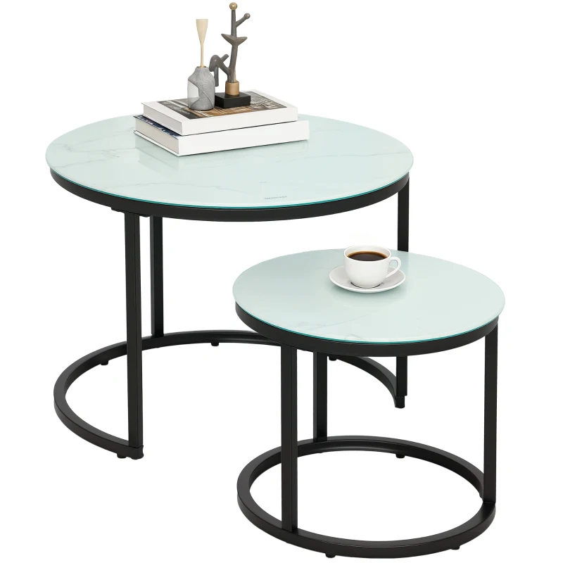 HOMCOM Glass Coffee Table Set of 2, Round Nest of Tables with Marble-Effect Tempered Glass Tabletop and Steel Frame, Modern Side Tables for Living Room, White