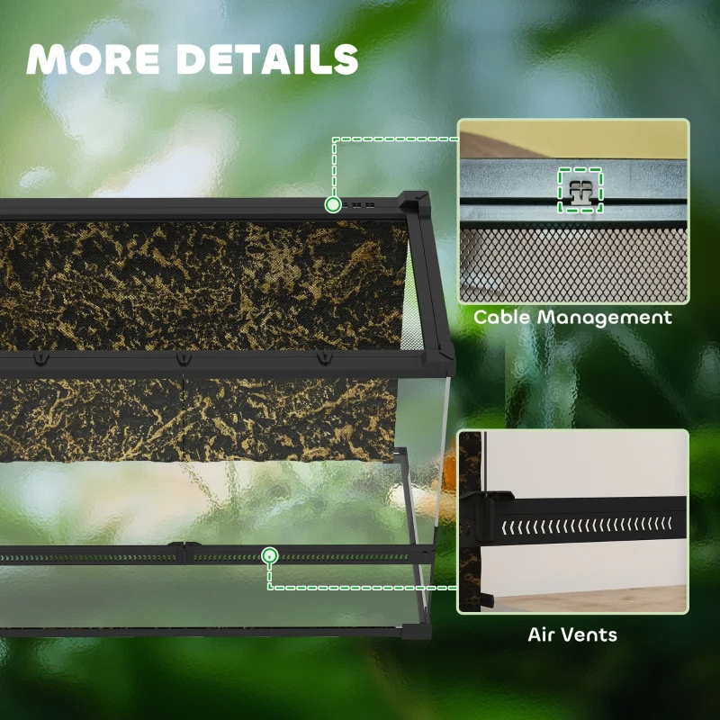 PawHut Terrario per rettili in vetro con ventilazione e sfondo effetto pietra, 50x30x35 cm, Nero