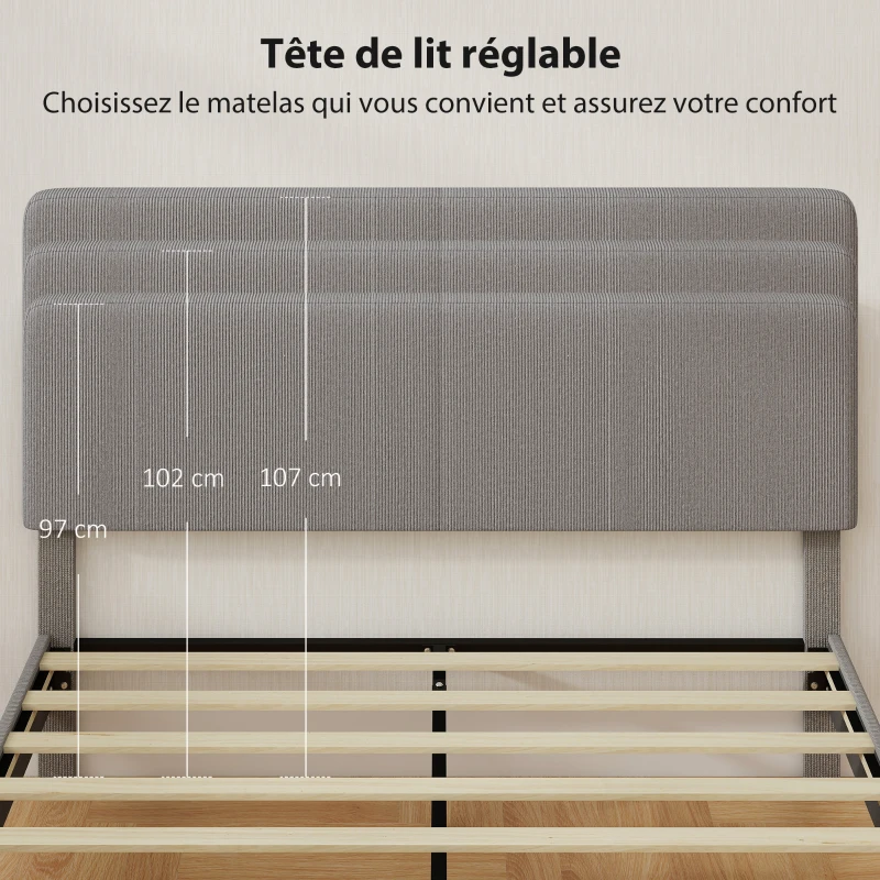 HOMCOM Cadre de lit 160 x 200 cm, sommier à lattes en bois, tête de lit réglable, lit double rembourré en velours côtelé, gris