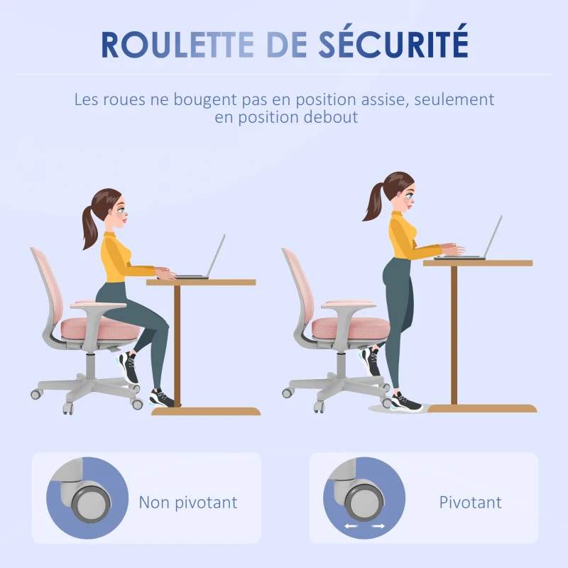 Vinsetto Fauteuil de bureau, chaise de bureau ergonomique en maille, hauteur réglable, 55x48x82,5-94,5cm, rose