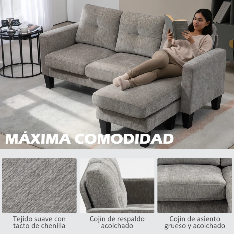 HOMCOM Sofá Esquinero en Forma de L Tapizado Poliéster Sofá Chaise Longue Reversible con 3 Cojines  186x130x84cm Marrón Topo