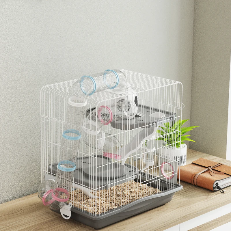 PawHut 3-Level Hamster Cage with 14 Tubes, House, Ramp and Accessories, Metal and Plastic, 45x30x45 cm, Grey