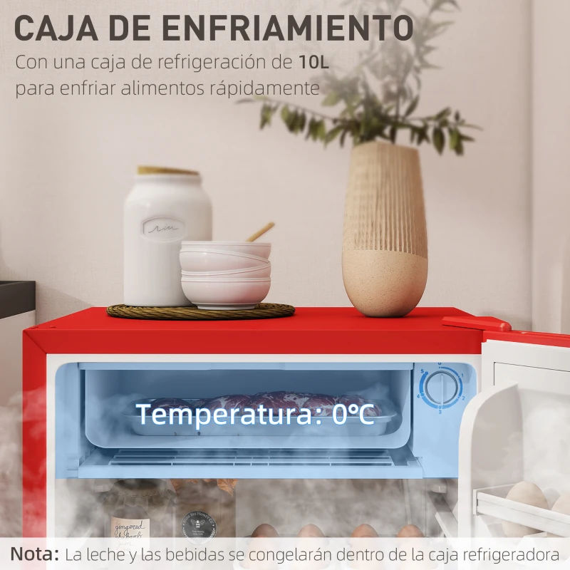 HOMCOM Nevera Pequeña con Congelador 91L Silenciosa Puerta Reversible Temperatura Regulable y Estantes Ajustables Rojo