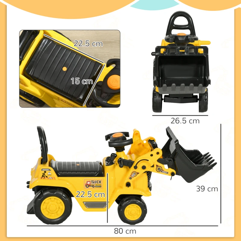 HOMCOM Escavator pentru Copii cu Cupă și Spațiu de Depozitare Ascuns, în PP și ABS, 80x26.5x39 cm, Galben și Negru
