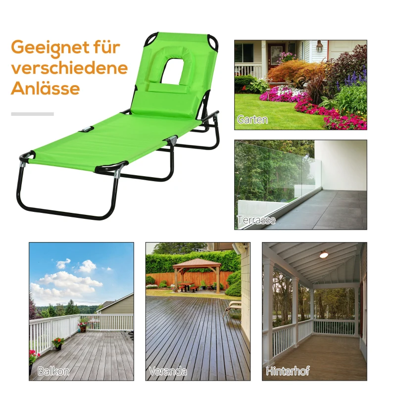 Outsunny Sonnenliege mit Gesichtsloch & Kissen, klappbar, wasserabweisender Bezug, Metallrahmen, Grün