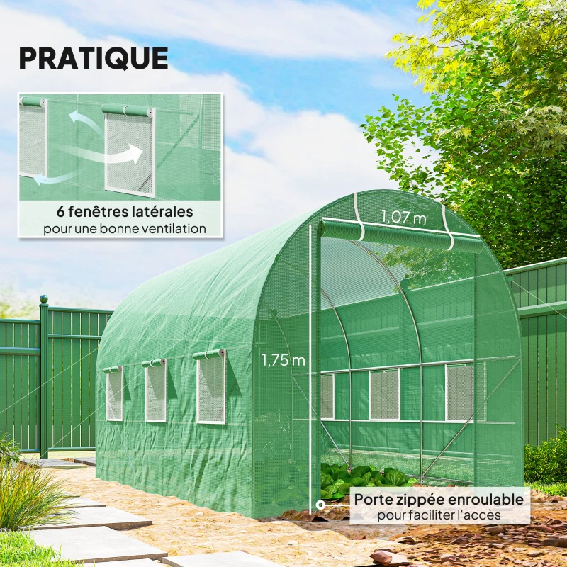 Outsunny Serre de Jardin Tunnel Surface Sol 7m² 3,5L x 2l x 2H m châssis Tubulaire renforcé Porte zippée 6 fenêtres enroulables Vert