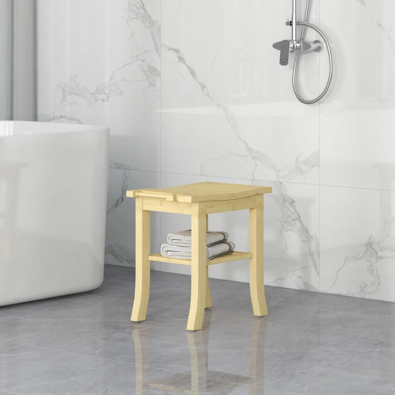 HOMCOM Tabouret banc de douche en bambou avec étagère de rangement, porte-serviettes dim. 42L x 29l x 43H cm, naturel
