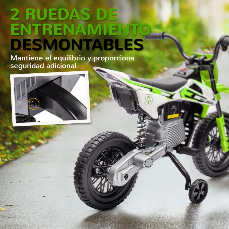AIYAPLAY Moto Eléctrica para Niños de +3 Años con Batería 12V Música y Ruedas Auxiliares Carga 30 kg Verde