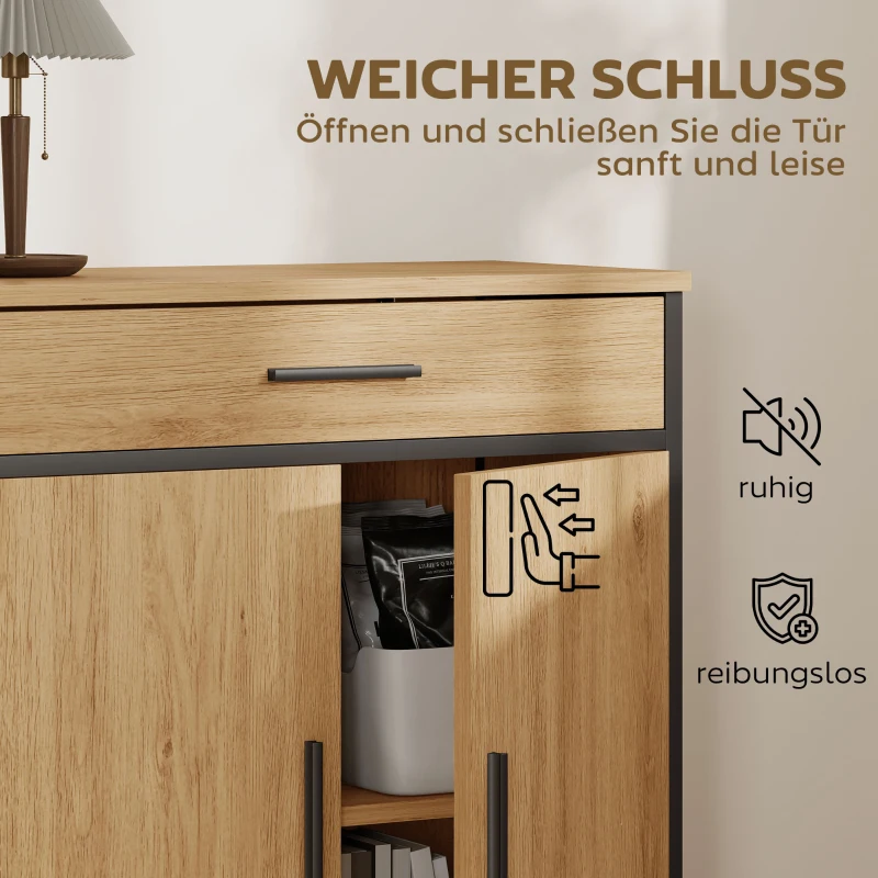 HOMCOM Badezimmerschrank, zweistufige Regale, große Schublade, Industriestil, Eichenoptik