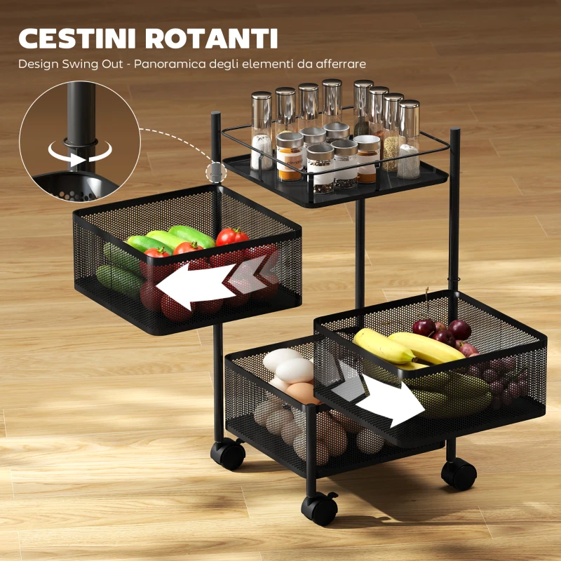 HOMCOM Carrello Cucina a 3 Livelli con Cestini in Metallo Girevoli, Ruote e Freno, 27.5x27.5x62 cm, Nero
