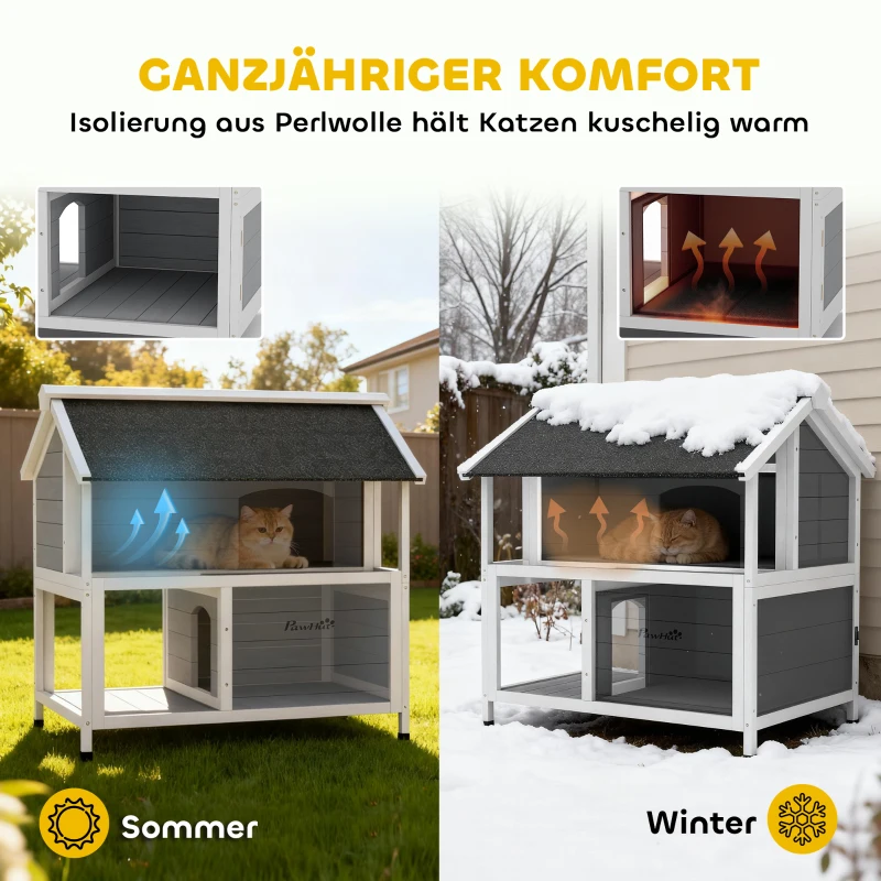 PawHut Outdoor-Katzenhaus, Katzenzuflucht für den Außenbereich, wasserfest, aufklappbares Dach, Fichtenholz, 80 x 93 x 95, Grau