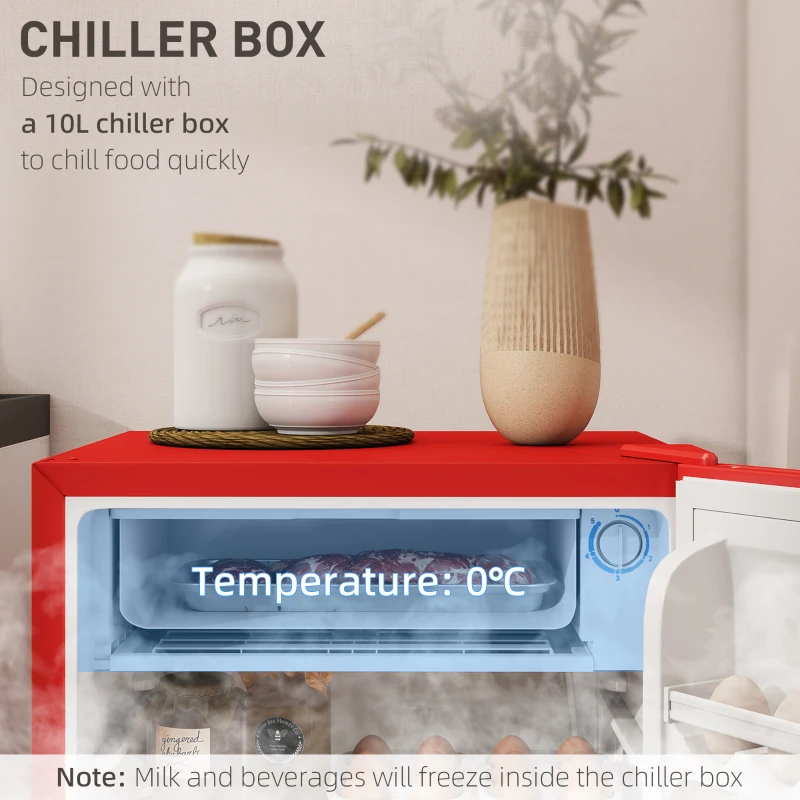 Frigider independent sub masa de 91 litri HOMCOM cu cutie de racire, usa reversibila, termostat reglabil, lat de 47,5 cm, Alb