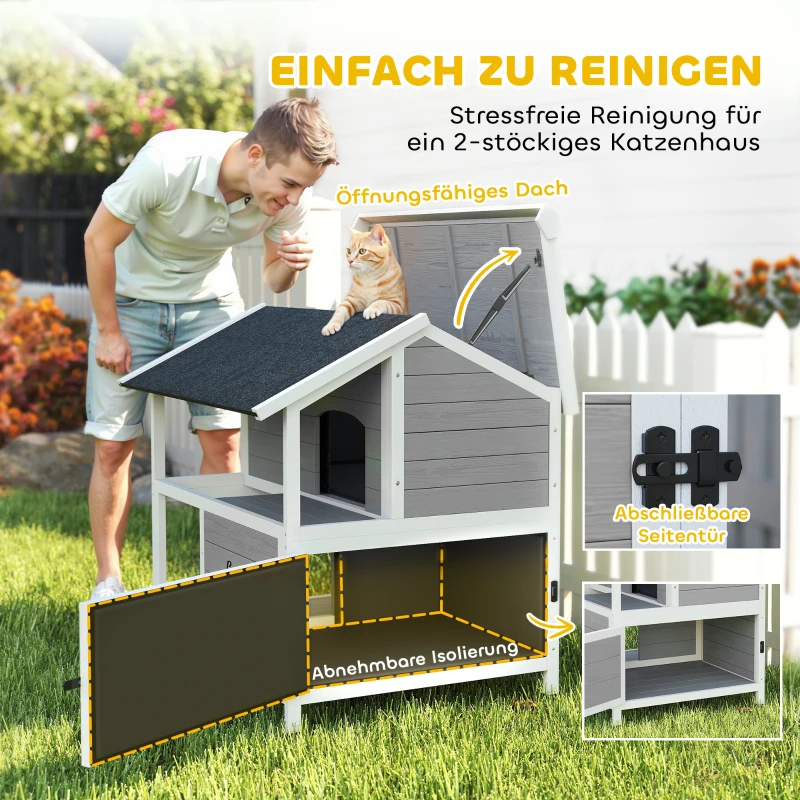 PawHut Outdoor-Katzenhaus, Katzenzuflucht für den Außenbereich, wasserfest, aufklappbares Dach, Fichtenholz, 80 x 93 x 95, Grau