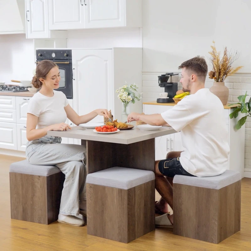 HOMCOM 5 piece Dining Set, Dining Table and 4 Storage Ottoman Stools  with Cushions, Space Saving Design, Grey