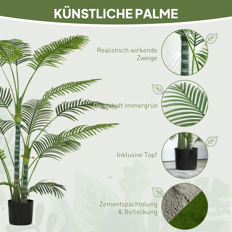 HOMCOM Künstliche Palme mit 16 Kunststoff-Blättern, UV-beständige Kunstpflanze mit Plastiktopf, für drinnen und draußen, Grün
