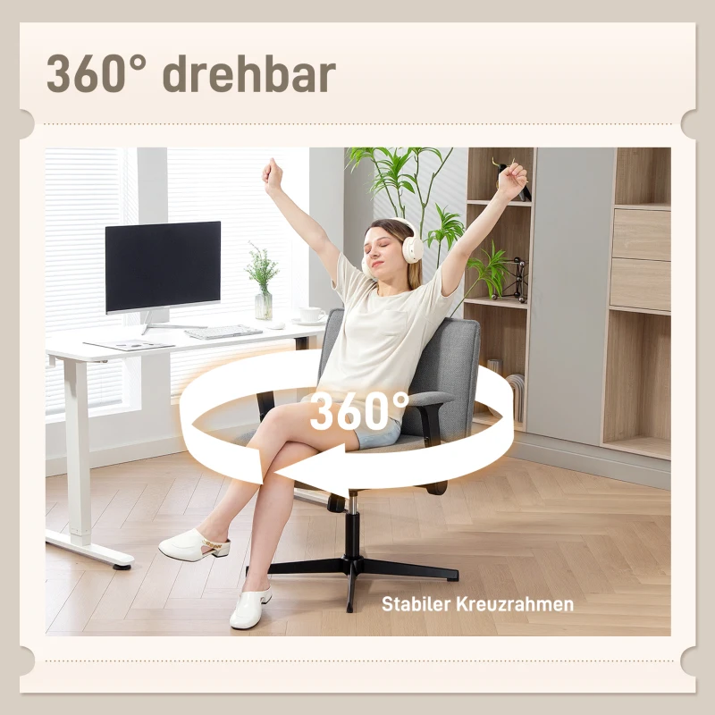 HOMCOM Bürostuhl mit hochklappbaren Armlehnen, breiter Schreibtischstuhl in Leinenoptik, höhenverstellbar, Stahlbasis, Grau