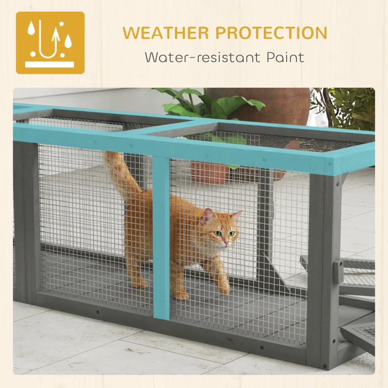 PawHut Outdoor Cat Tunnel, Wooden Play Cat Enclosure, Extendable Pet Run with 3 Doors, for Indoor and Outdoor Use, Grey