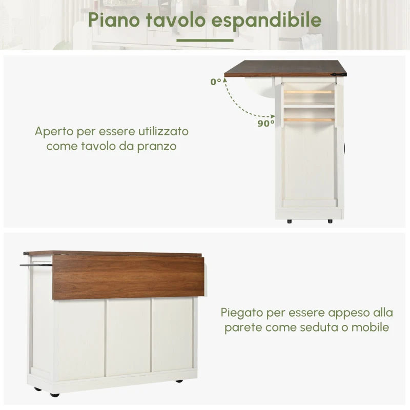 Isola da cucina con piano ribaltabile, carrello portavivande su ruote con 2 ante scorrevoli e 3 cassetti, 140x45/73x94 cm, Beige