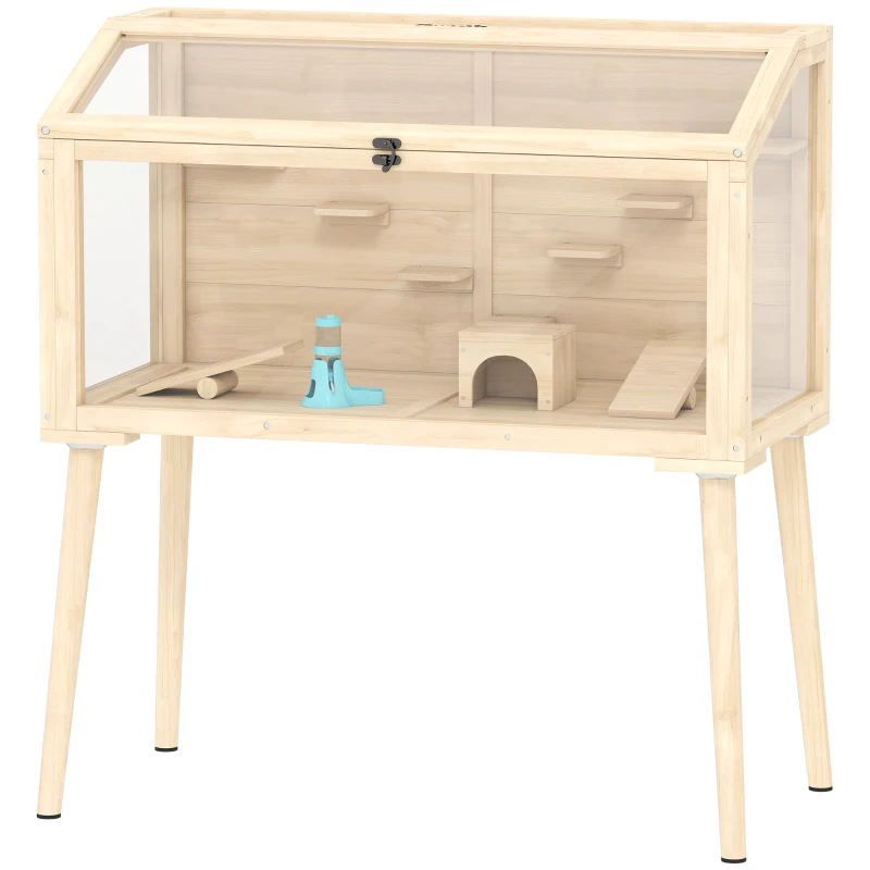 PawHut Wooden Hamster Cage, Hamster Habitat with Openable Top, Seesaws, Platforms, Water Bottle for Gerbils, 110 x 52 x 101 cm