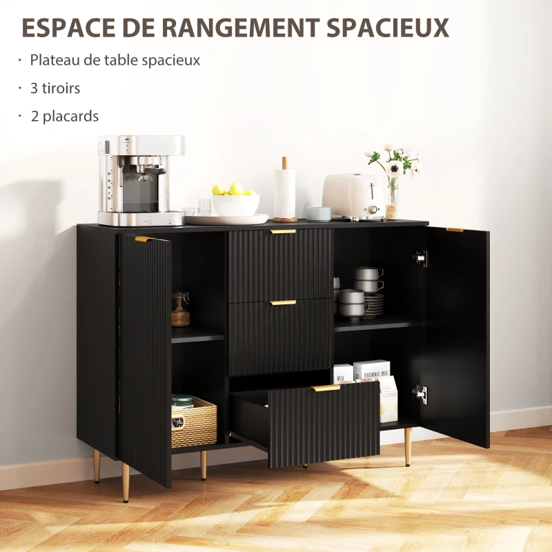 HOMCOM Buffet meuble cuisine rangement avec 3 tiroirs, étagères réglables, placards à portes cannelées, 120 x 40 x 90 cm, noir