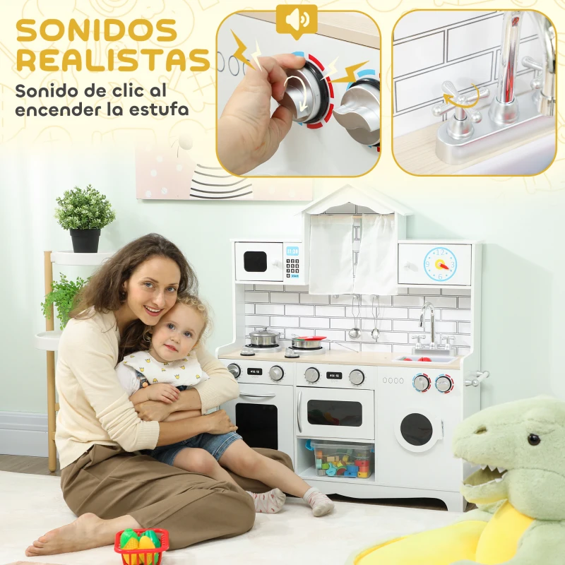 AIYAPLAY Cocina de Juguete de Madera con Sonido y Cortinas Accesorios de Acero Inoxidable para Niños a Partir de 3 Años Blanco