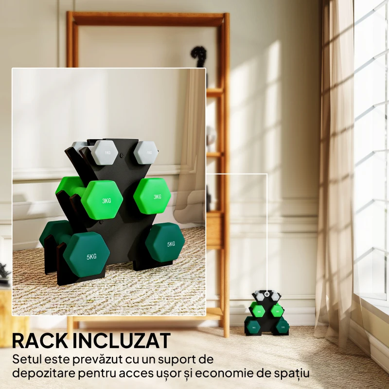 SPORTNOW Set de greutăți hexagonale, greutate totală de 18 kg, cu suport inclus, din oțel, metal și plastic, multicolor