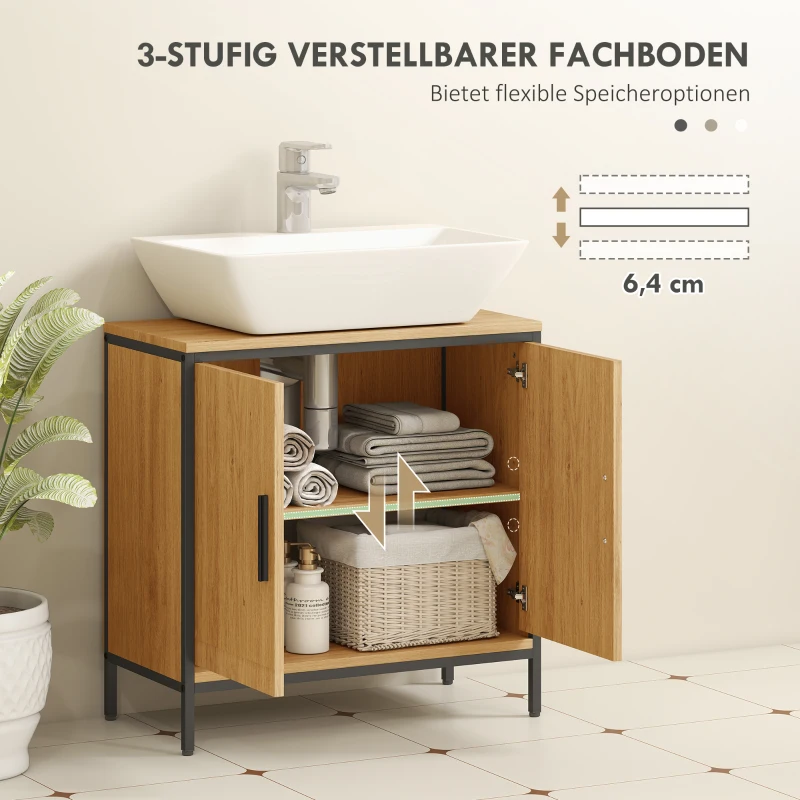 HOMCOM Waschbeckenunterschrank Badezimmer Unterschrank mit 2 Türen, einstellbarem Regal Badezimmerschrank mit Stahlrahmen, für Waschbecken ohne Sockel, Eiche, 60x30x60 cm