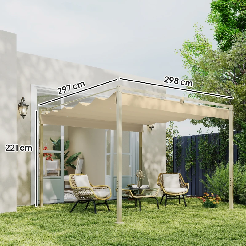 Outsunny 3 x 3 m Garten-Pergola mit einziehbarem Dach, Pavillon, Baldachin für Schatten, UPF30+, Khaki