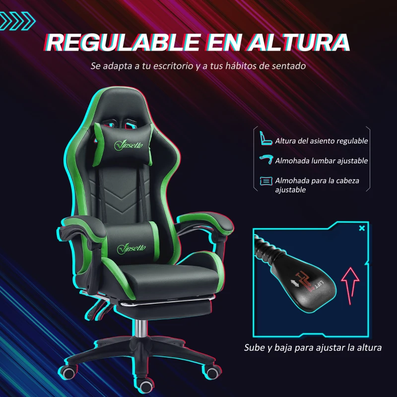 Vinsetto Silla Gaming de Cuero Sintético Reclinable 135° Reposacabezas y Reposapiés 65x65x121-129cm Negro y Verde