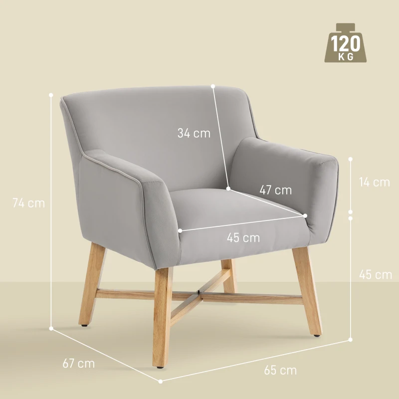 HOMCOM Butaca de Salón Tapizada en Terciopelo con Reposabrazos Acolchados y Patas de Madera Cruzadas 67x65x74 cm Gris Claro