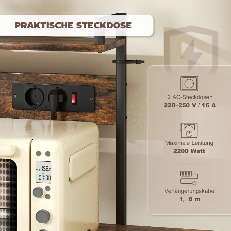 HOMCOM Küchenregal, Standregal mit 2 Steckdosen, 5 S-Haken, 5 Ablagen, Korb, X-Streben Stahl 90 x 42 x 130 cm