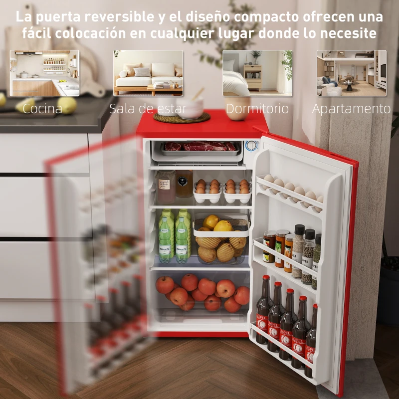 HOMCOM Nevera Pequeña con Congelador 91L Silenciosa Puerta Reversible Temperatura Regulable y Estantes Ajustables Rojo